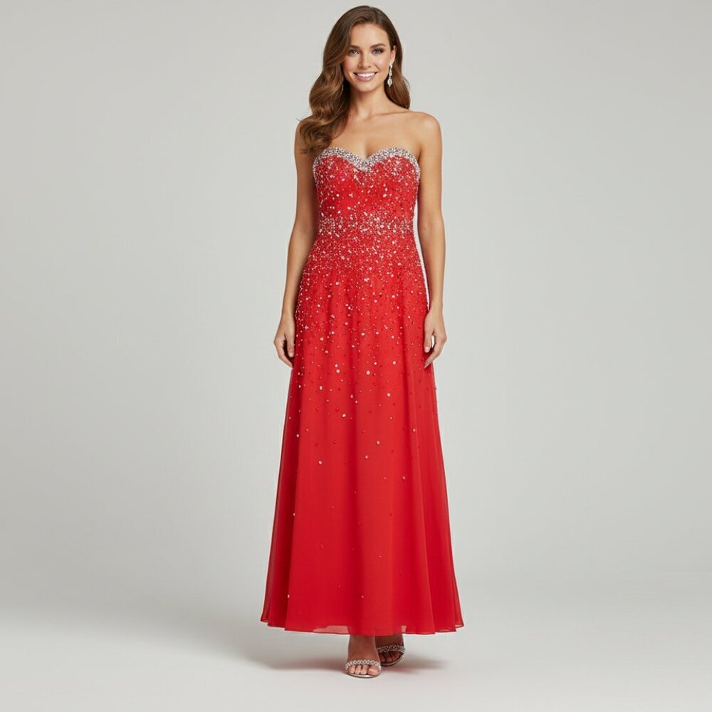 Elaborate Strapless Beaded Bodice Red Long Maxi‎  Gown Dress